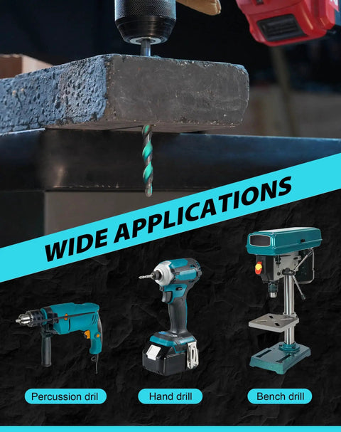 Drilling concrete with Durable Carbide Masonry Drill Bit Set With Hex Shank For Brick Concrete Tile Block And More Five Piece Set Ranging From Five Thirty Seconds To Three Eighths Inch EZARC, with images of compatible percussion, hand, and bench drills.