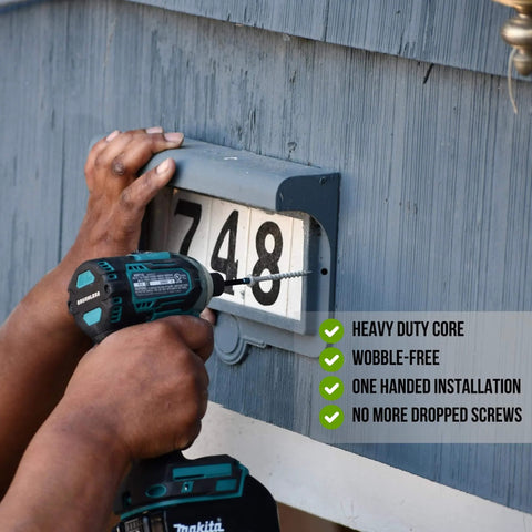 Person using drill with Exterior Seven Inch Wood Screws With T25 Torx Bits Size Twelve For Outdoor Use Rust Resistant Long Wood Screw Set