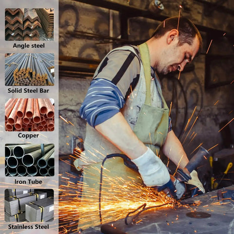 Man using a grinder with 50 Pack 4.5 Inch Cut Off Wheels Thin 0.047 Inch For Metal Stainless On 7/8 Arbor, cutting metal with sparks