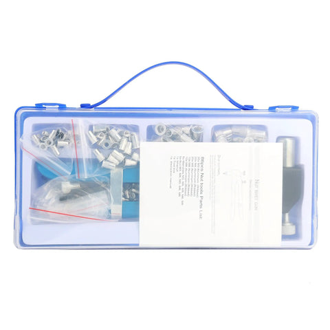 Heavy Duty Blind Rivet Nut Kit Set With 86 Pieces Including 80 Rivet Nuts M3 M4 M5 M6 M8 in plastic storage case.