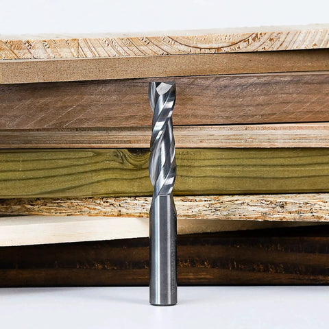 Pro Grade Solid Carbide Upcut Spiral Router Bit With One Half Inch Shank And One Half Inch Cutting Diameter For Wood Mortises And Dadoes Four Inch Total Length Two Inch Cutting Length Ideal For Plunge Mortises And Slots SpeTool in front of stacked wood panels
