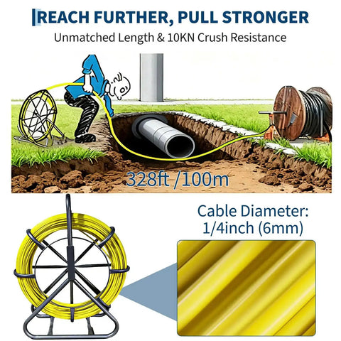 Fiberglass Fish Tape Pro Duct Rodder for wire installation, showing 100m length and 6mm diameter cable, with steel stand.