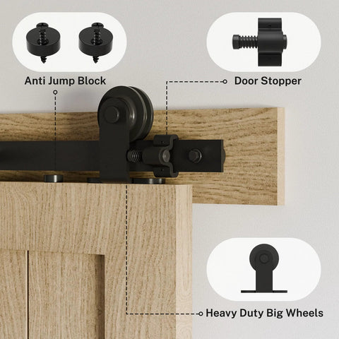 Beefy Heavy Duty Sliding Barn Door Hardware Kit With Top Mount Track In Black Finish Quiet Roller Hanger System For Single Door Supports Up To 220 Lb Hardware Only Door Not Included Includes Rubber Bumpers And Spring Door Stops 60 Inch Length, visible anti jump block, door stopper, heavy duty wheels.
