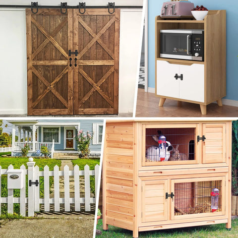 180 Degree Flip Sliding Barn Door Lock For Privacy shown on barn doors, cabinet, garden gate, and pet hutch demonstrating versatility.