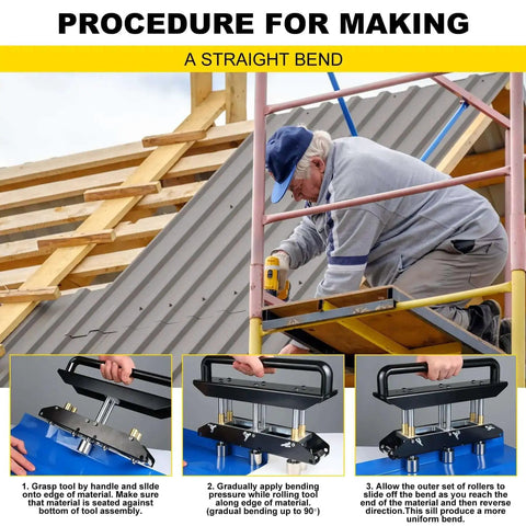 Construction worker using Three Station Edge Roller Bender For Sheet Metal, 0 To 90 Degree Bends, 3 Station Design on roof panel