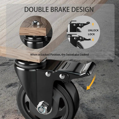 Four Inch Stem Caster Wheels Set Of Four Heavy Duty With Half Inch 13 UNC X 1 Threaded Stem Dual Lock Brakes Industrial Castors For Cart And Furniture 2000 Lbs Capacity Per Caster Ideal For Mobile Carts And Industrial Equipment Use, showing double brake design with an illustration and close-up view.