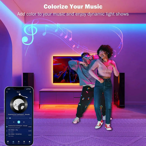 RGB LED Strip Lights 100 Ft Bluetooth Remote App Music Sync For Bedroom Decor installed in living room with music sync.