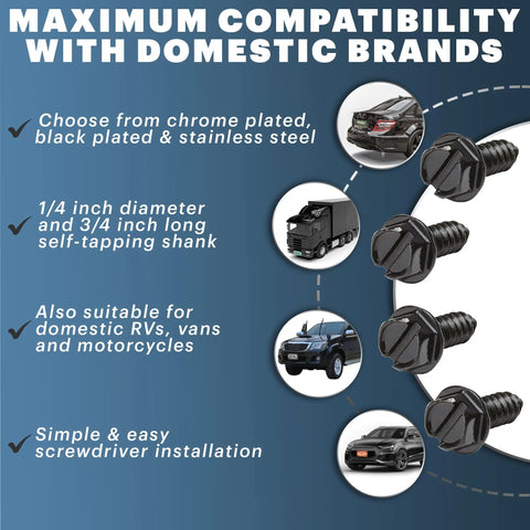 Rustproof Black License Plate Screws Kit For Front And Rear Plates Stainless Steel Bolts For Domestic Vehicles 4 Pack with compatibility details.