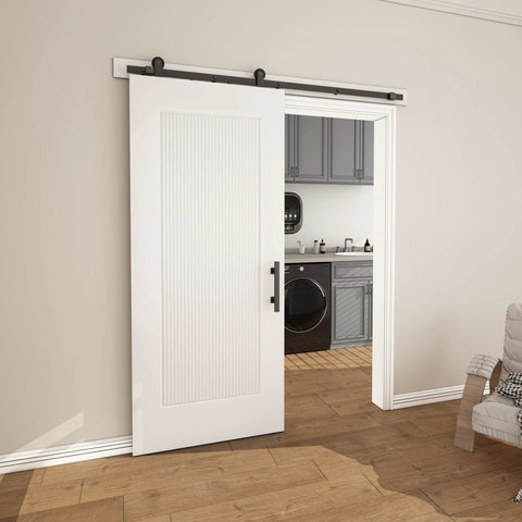 36x84 Reeded White Primed Sliding Barn Door With Matte Black 6ft Hardware Kit Built Tough For Closets And Living Spaces installed