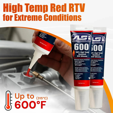 Go-To High Temp Red RTV Silicone Sealant For Engine Exhaust Metal Glass Wood Plastic 600F Heat Resistant Gasket Maker Adhesive Caulk For Automotive Marine And Home Use being applied to engine part