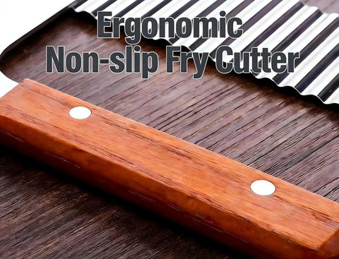 Close-up of French Fry Slicer With Stainless Steel Blade And Wooden Handle for crinkle and waffle fries on wood surface.