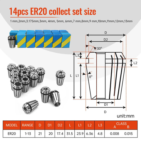 Diagram of 14pcs ER20 collect set with dimensions for Workhorse 2.2KW Water Cooled CNC Spindle Kit With 110V VFD Inverter 24,000 RPM