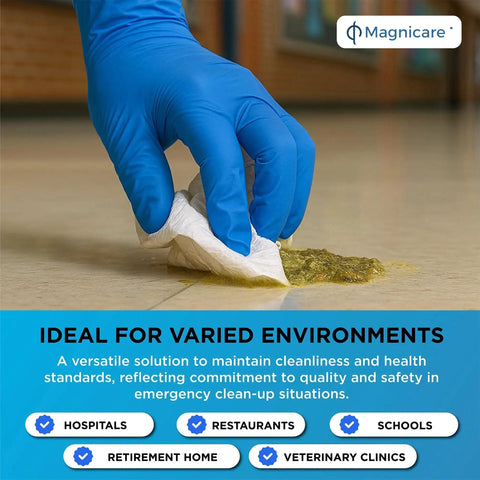 OSHA Compliant Bodily Fluid Cleanup Kit With Vomit Pack for Schools, blue-gloved hand cleaning spill with absorbent towel.