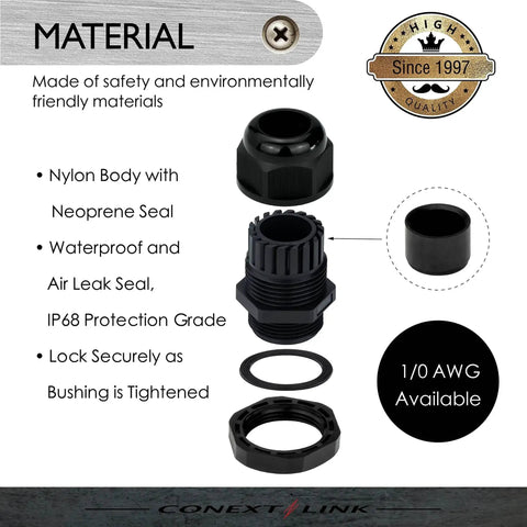 5 Pack Beefy Waterproof IP68 Nylon Firewall Bushing Grommet Cable Gland Joint Locknut Protectors Neoprene Seal 1/0 Gauge