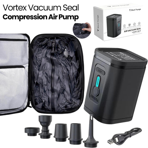 BlackVoyage Vortex cordless vacuum seal pump; portable home air pump with multiple nozzle adapters and travel case