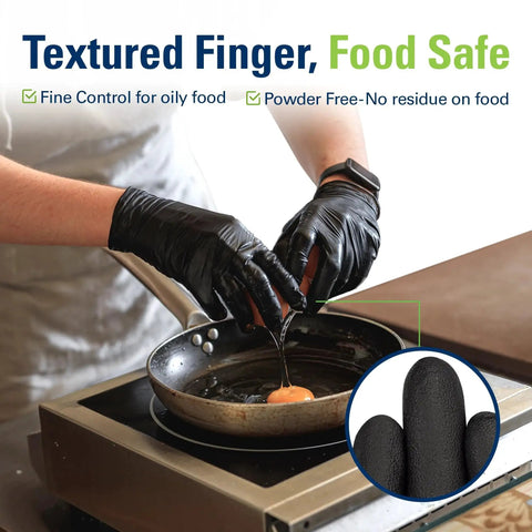 Black Nitrile Gloves Disposable Latex Free Powder Free Food Safe For Cooking shown handling food in a frying pan
