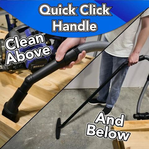 Sixteen Foot Flexible Vacuum Hose For Home And Shop Use With Multi Brand Dust Collection Adapters And A Full Attachment Kit In Black Featuring One And A Quarter Inch Diameter For Serious Dust Cleanup And Smooth Tool Compatibility; demonstrating quick click handle on vacuum cleaner