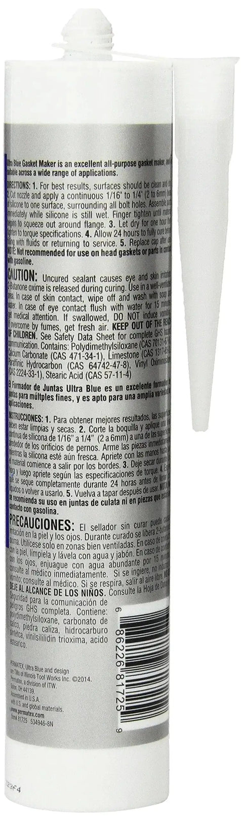 Side view of Sensor Safe Ultra Blue RTV Silicone Gasket Maker 13 Oz For Oil Resistant Seals with application nozzle