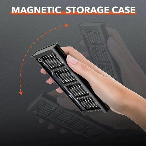 Hand holding 52-In-1 Precision Screwdriver Set with Double-Ended Bits for electronics, showing magnetic storage case.