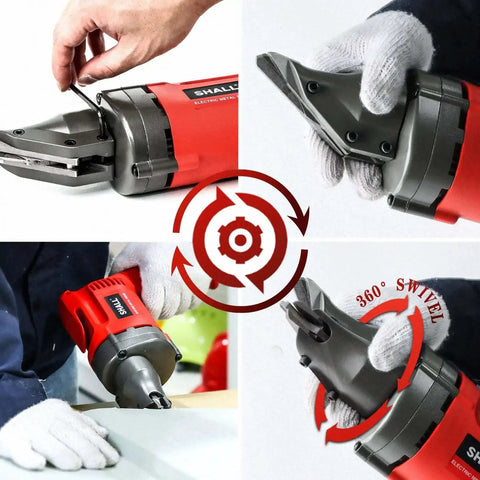 Collage of Electric Metal Cutting Shear For 14 Gauge Steel And 16 Gauge Stainless with 360 Degree Swivel Head, red handle