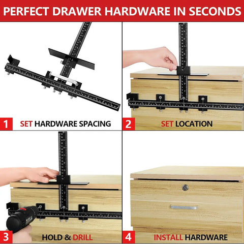 Aluminum Cabinet Hardware Jig With Adjustable Template For Precise Hole Spacing And Doweling Guide in use on drawers