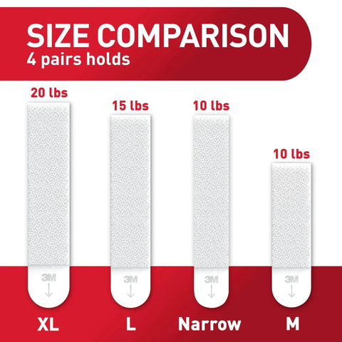 Size comparison of Heavy Duty 20 Pound XL Picture Hanging Strips White Adhesive 10 Pairs showing weight capacity differences.