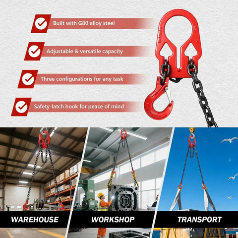 Front view of red two-leg lifting chain sling, 5/16 in x 10 ft, G80 steel with safety-latch hooks.