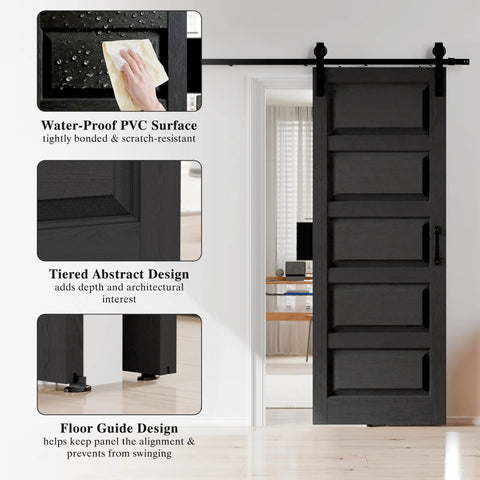30 Inch By 84 Inch Sliding Barn Door With Hardware Kit Black Finish Sleek Modern Five Lite Panel Waterproof PVC Surface Pre Drilled For Quick Assembly Durable Primed MDF Core Ideal For Rustic Farmhouse And Modern Home Makeovers installed in a bright room, showcasing tiered abstract design and floor guide.