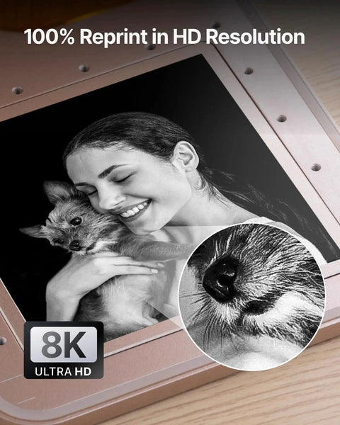 Close-up of an 8K ultra HD photograph showing a woman holding a dog, highlighting the detailed texture in reprint.