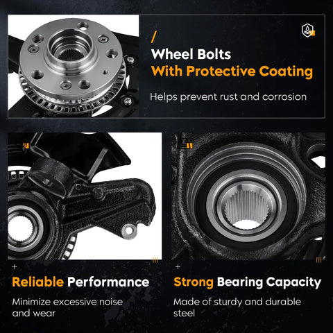 Rock Solid Front Left Steering Knuckle And Wheel Bearing Hub Assembly Replacement For Beetle Golf Jetta Driver Side Only Fits 280mm Rotor Models, showing protective coating and durable steel.