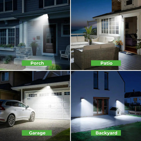 Solar Motion Lights Outdoor Two Pack, 3 Modes Security Flood Light With Remote illuminating porch, patio, garage, and backyard.