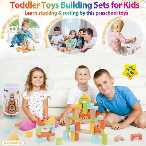 Children playing with Wooden Building Blocks Set For Toddlers Ages 1 To 3, 100 Pcs With Storage Drum And Shape Lid in a living room.