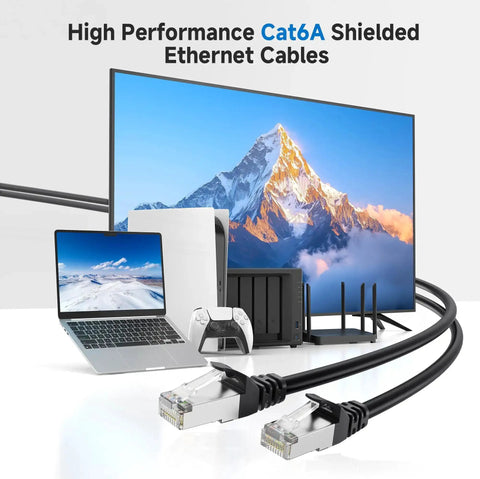 Snagless Short Shielded Cat6A Ethernet Cables 10Gbps 3Ft Pack Of 5 Black for LAN networking with laptop, NAS, and TV setup