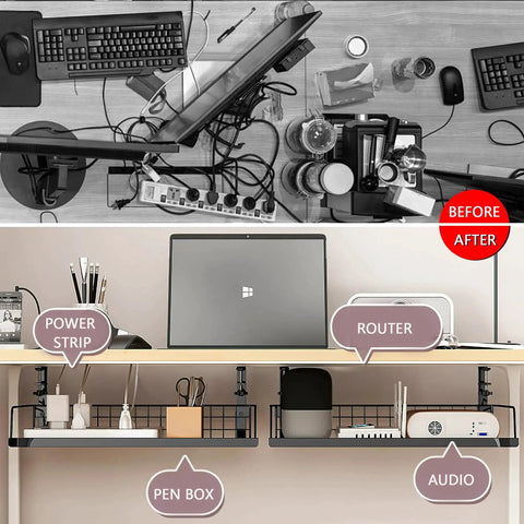 Under Desk Cable Management Tray For Cords And Wires organizing desk setup, showing tidy cables with hidden tray in home office setting.