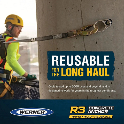 R3 Concrete Anchor A510300 Reusable Secure Anchoring System with a worker using it on a vertical concrete surface.