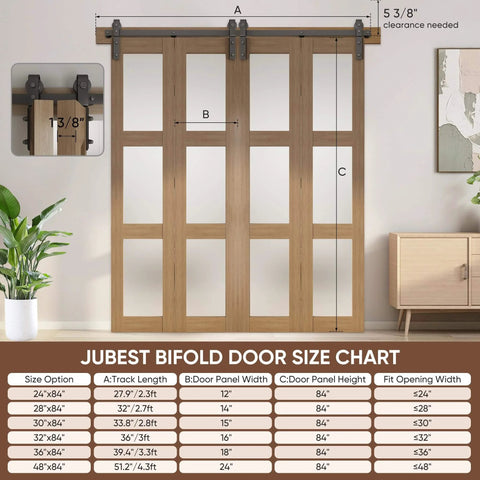Bifold Glass Barn Door Kit With Hardware 3 Panel Frosted Glass Slab In Brown Wood Grain PVC, Installed, 48x84 Inches, Size Chart