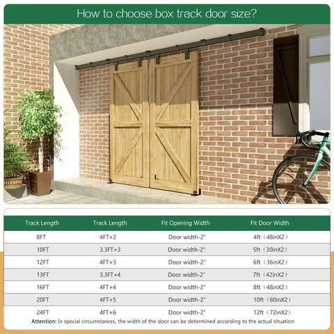 Outdoor Ceiling Mount Double Sliding Barn Door Hardware Kit 16 Feet Heavy Duty Box Track For Exterior Use Fits 2 By 48 Inch Doors Max Load 300 Lbs Hardware Only No Door installed on brick wall with wooden doors.