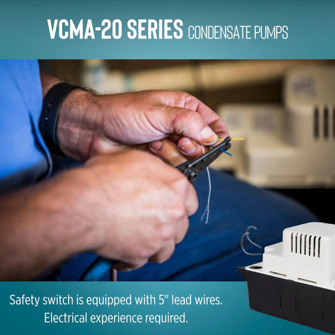Little Giant VCMA-20ULST condensate pump, 115V, white/black housing, with 20 ft tubing, being wired