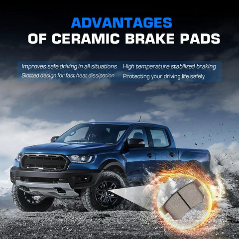 ILONPA rear ceramic disc brake pads set; blue pickup truck with inset image showing ceramic brake pads.
