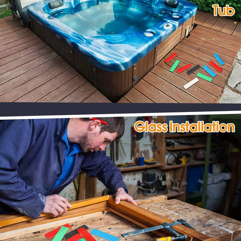 300 Piece Plastic Flat Shims for Leveling Tiles and Cabinets in 6 Colors Green Black White Grey Blue Red 3/64 5/64 1/8 5/32 13/64 15/64 Inch Range for Quick, Precise Adjustments near hot tub during glass installation.