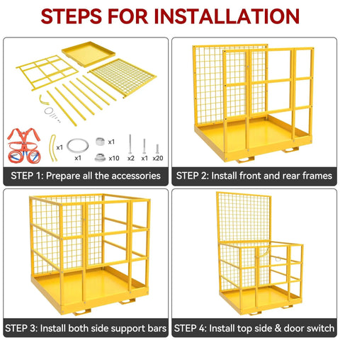 Heavy Duty Forklift Safety Cage 1400 Lb Work Platform Guard Rails Collapsible installation steps with accessories and frames