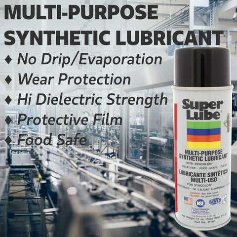 Can of Multi Purpose Synthetic Lubricant With Syncolon PTFE For Heavy Duty Gear And Machinery Aerosol No Drip Grease Food Grade H1 next to industrial equipment background