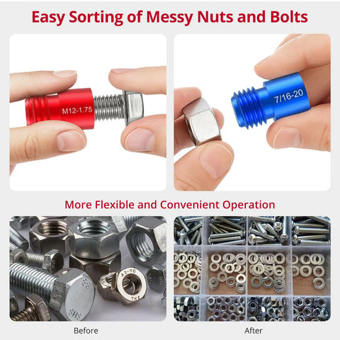 Detachable 50 Piece Thread Checker Set For Imperial And Metric Nuts And Bolts Aluminum Gauge Box With Color Coded Blue And Red showing sorted nuts and bolts.