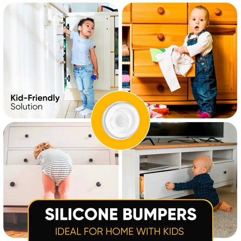 Collage showing children safely opening cabinets and drawers with Clear Silicone Bumper Pads 0.5 Self Adhesive Jelly Button Cushions Cabinets.