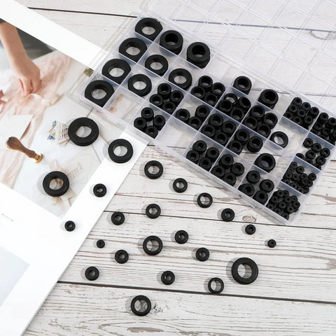 200 Pcs Rubber Grommet Kit Eight Sizes Hollow Firewall Grommets Assortment For Wiring And Cord Management Automotive Grommets Set For Hole Plugs One Quarter To One Inch Durable Automotive Wiring Grommets For Weatherproof Sealing And Cable Management displayed in a divided storage box on a wooden table.