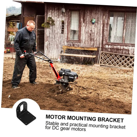 Man using tiller in garden with inset of 4 Pack DC Gear Motor Mounting Brackets L Shape Fixed Seat Holder For 37 Series Gear Reduction Motors