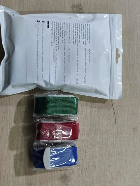 Pack of Six Pack Tourniquet Elastic First Aid Quick Release Bands with green, red, and blue bands, latex-free cotton ribbon visible