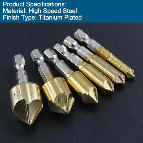 Six Piece Countersink Drill Bit Set With Three Flute 90 Degree Bits, Titanium HSS Chamfering Tools displayed on black surface
