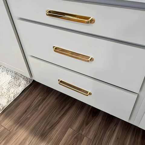 Solid Brass Cabinet Pull With Backplate, 6.5 Inch L-Shaped Handle In Polished Unlacquered Finish on bathroom drawers