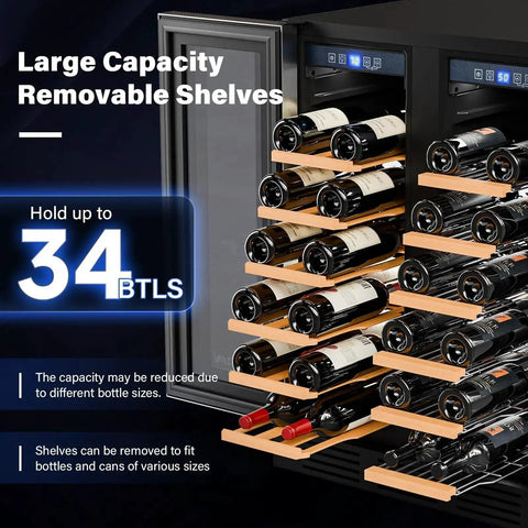 34 Bottle Dual Zone Wine And Beverage Fridge With Independent Temperature Control And LED Panel, open showing wine bottles